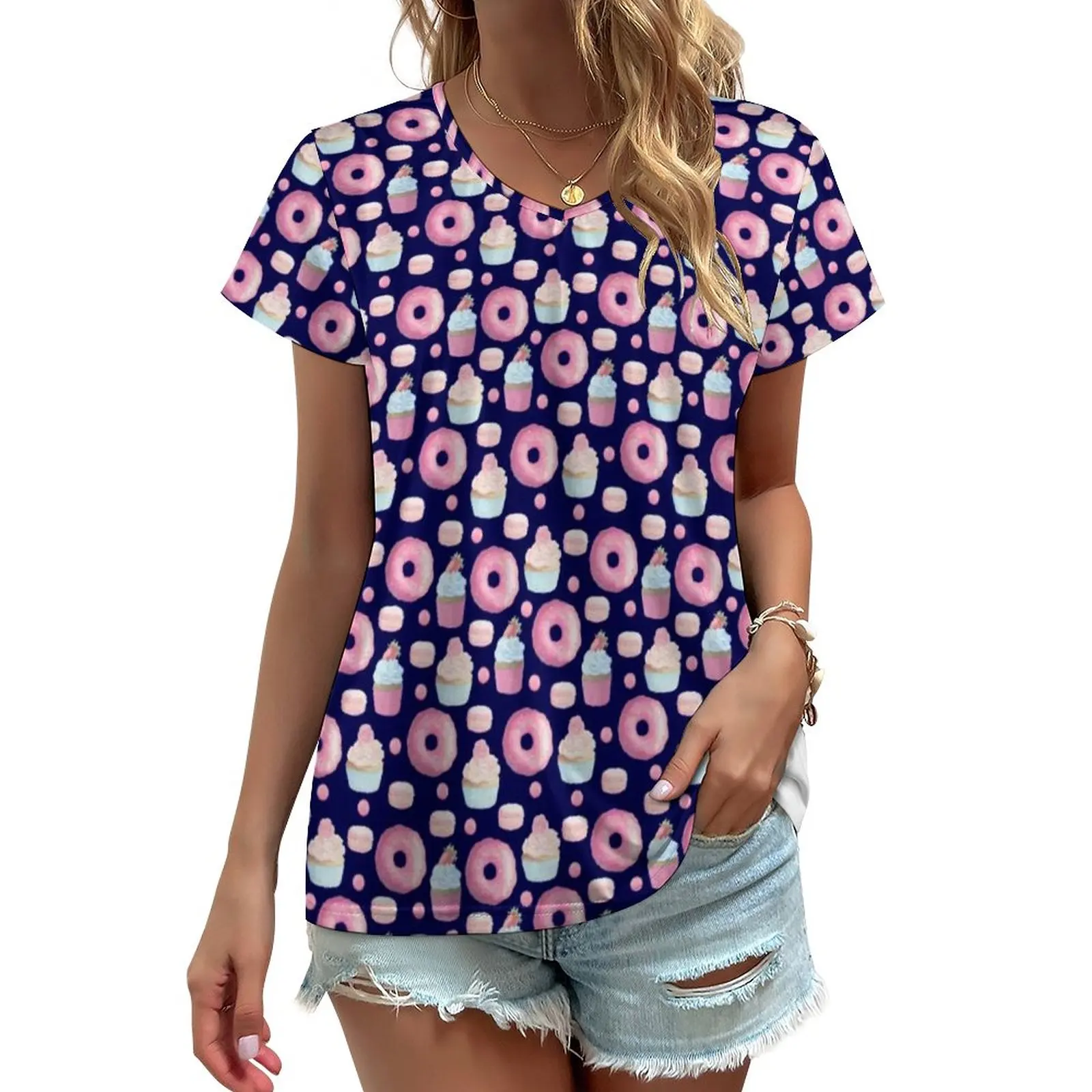 

Pink Doughnut T-Shirt Cupcakes Macarons Hip Hop V Neck T Shirts Short Sleeve Street Wear Tee Shirt Summer Tops Big Size 4XL 5XL