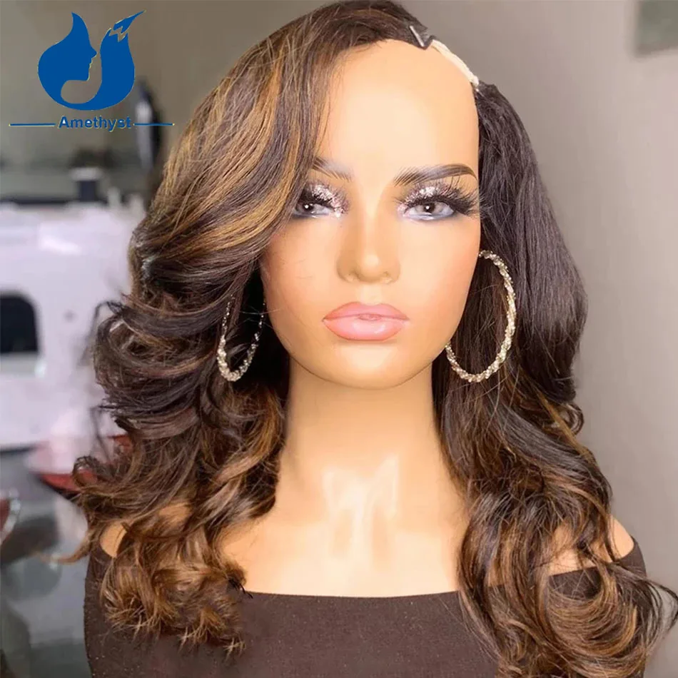 

Amethyst Highlight U Part Wig 100% Human Hair 1x3 Body Wave Side Part U Shape Full Machine Wig Non Lace Remy Glueless For Women