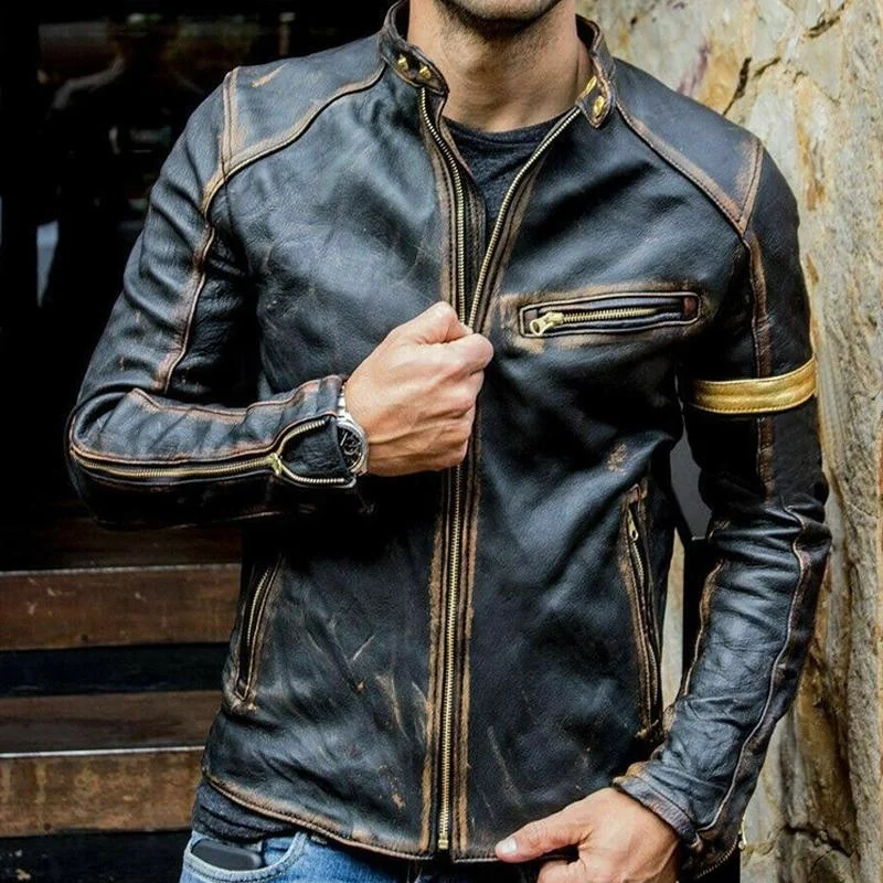 

New Autumn Motorcycle Leater Jacket Men Street Fasion Bomber Jackets Casual Stand Collar Coat Mens Retro Pu Biker Outwear 5Xl