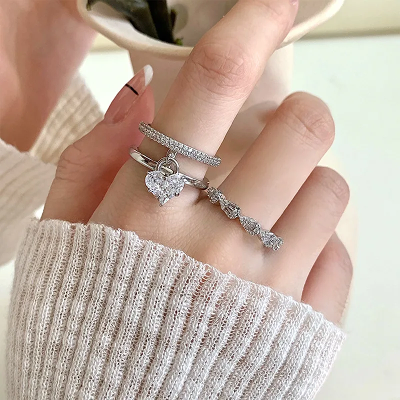 

South Korea fashion Zircon love double open ring temperament design sweet index finger ring light luxury hand accessories