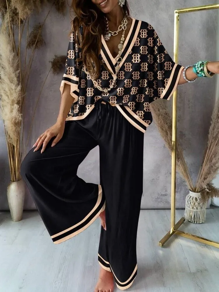 

2023 Set Of Two Fashion Pieces For Women Outfits V-Neck Batwing Sleeve Top & Casual Pants Set Casual Ropa Mujer
