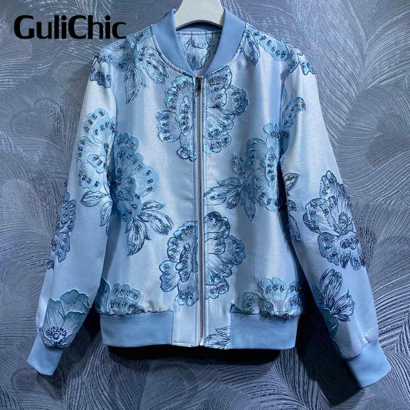 

8.19 GuliChic High Quality Women Fashion Flower Jacquard Crystal Beading Stand Collar Zipper Long Sleeve Loose Blue Jacket