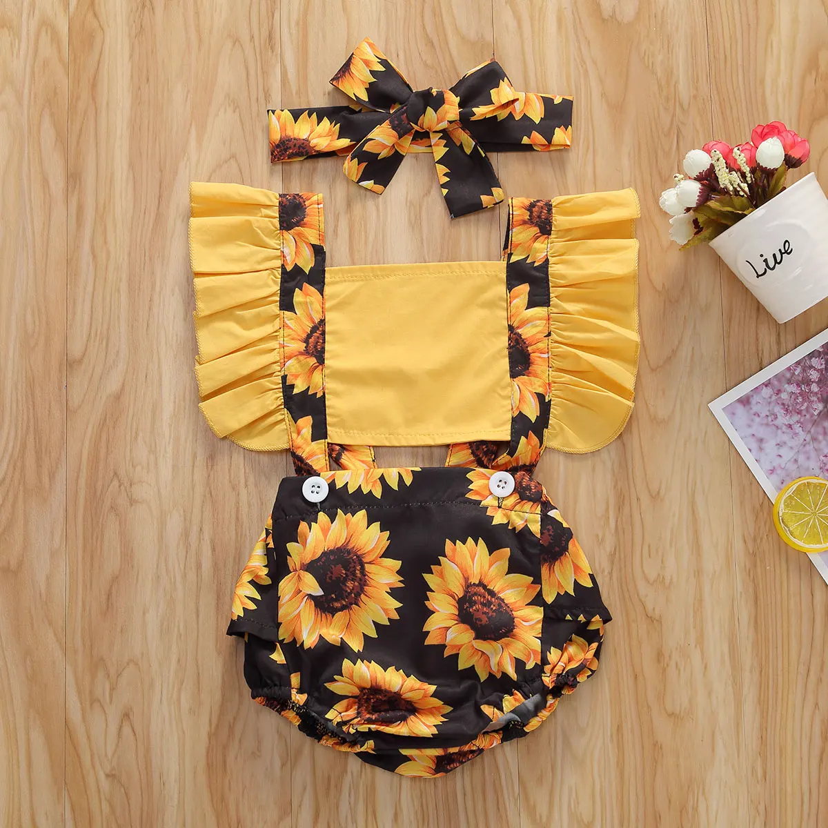 

Summer Baby Girls Clothes Sunflower Patchwork Ruffled Sleeve Jumpsuit Sleeveless Playsuit Headband Outfits 2Pcs Set for 0-24M