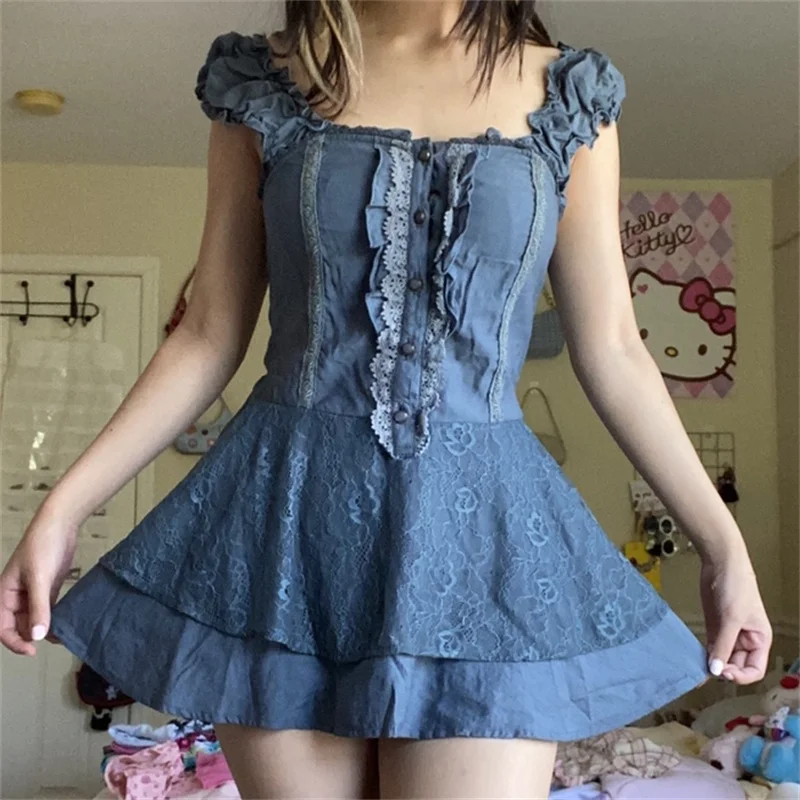 

hirigin Y2K Denim Short Mini Pleated Dress Vintage Ruffle Button Backless Lace Up Tank Dress 2022 Square Neck Female Vestidos