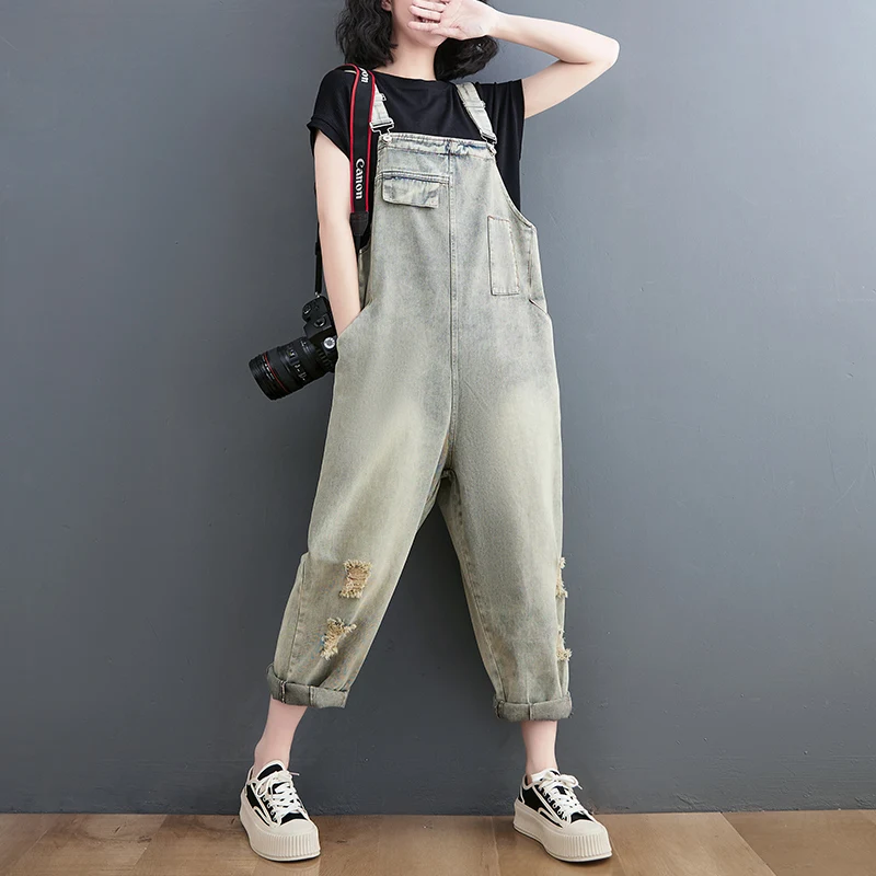 New Spring Vintage Denim Jumpsuit Women Loose Wide Leg Ripped Jeans Rompers For Woman Streetwear Suspenders Overalls Baggy Pants