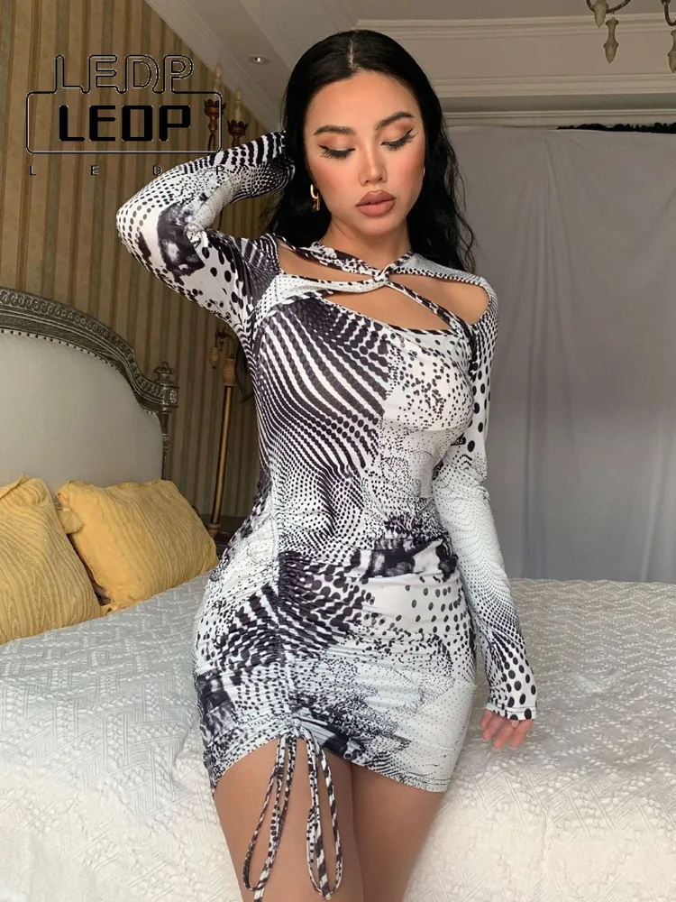 

LEDP Sexy Drawstring Club Dress Women Criss Cross Cutout Mini Dress Aesthetic Printed Long Sleeve Bodycon Ruched Short Dress