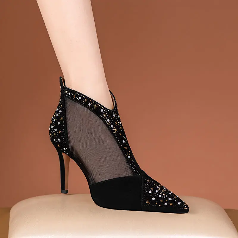 

FHANCHU 2022 Sexy Women High Heeled Sandals Boots,Spring/Summer Mesh Shoes,Rhinestone Ankle Botas,Pointed Toe,Black,Dropship