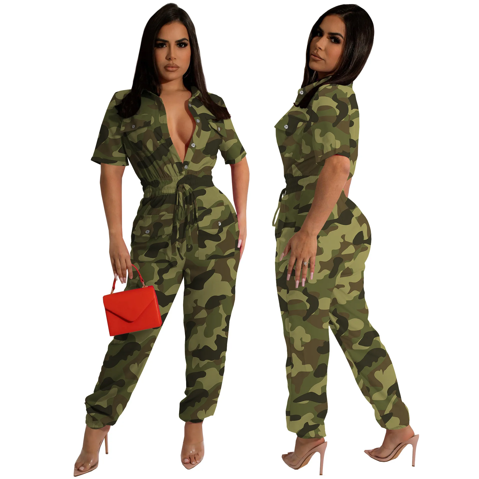 

Women Camouflage Short Sleeve Loose Casual One Piece Jumpsuit Long Cargo Pants