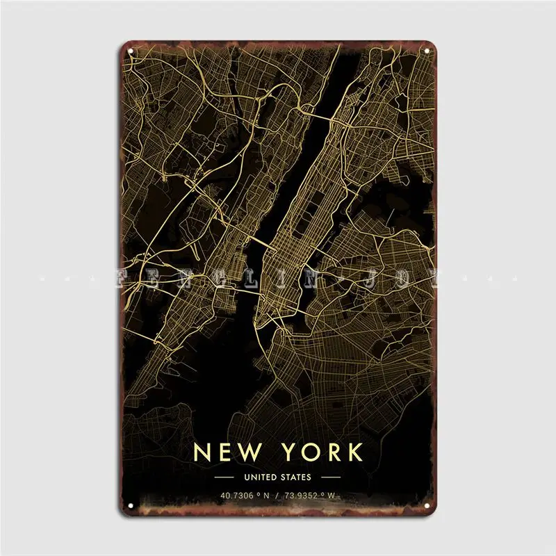 

New York City Map Gold Metal Plaque Poster Wall Pub Club Bar Decoration Plaques Tin Sign Poster Retro Cave Home Tavern