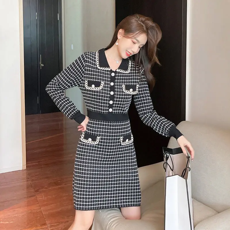 

Women Black Plaid Houndstooth Knitted Dress Autumn Fashion Retro Knit Sweater Robe Streetwear Slim Bodycon Mini Dresses E409