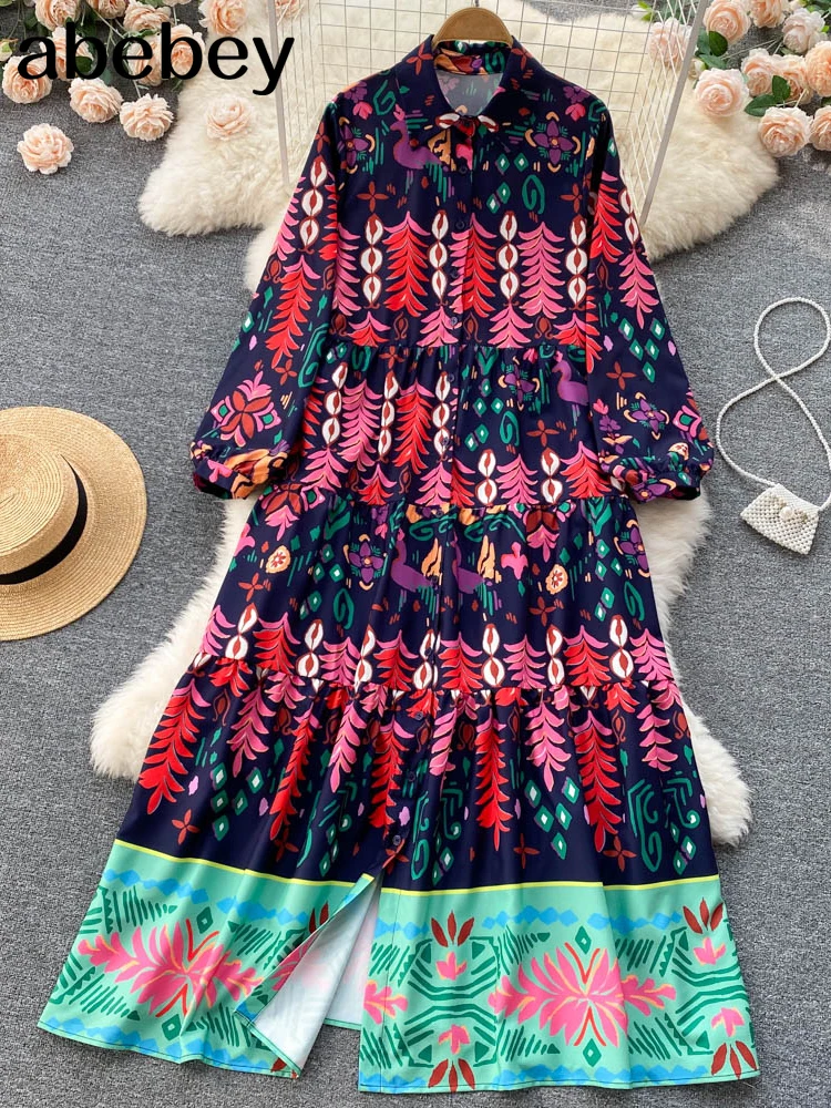 

2022 Fashion Retro Print Maxi Dress Women French Puff Sleeve Lace up A-line Dress Summer Elegant Streetwear Long Robe