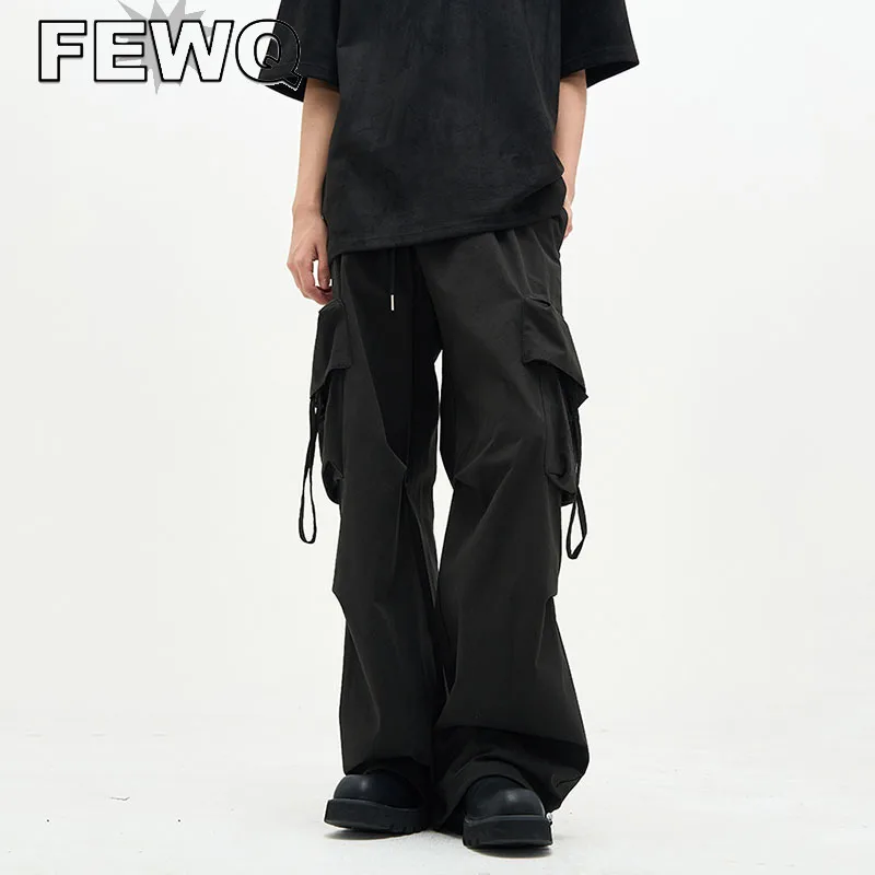 

FEWQ Y2k Cargo Pants Men's Vintage Overall Drawstring Multi Pockets Solid Color Trousers Male Safari Style Autumn Trendy 24B2952