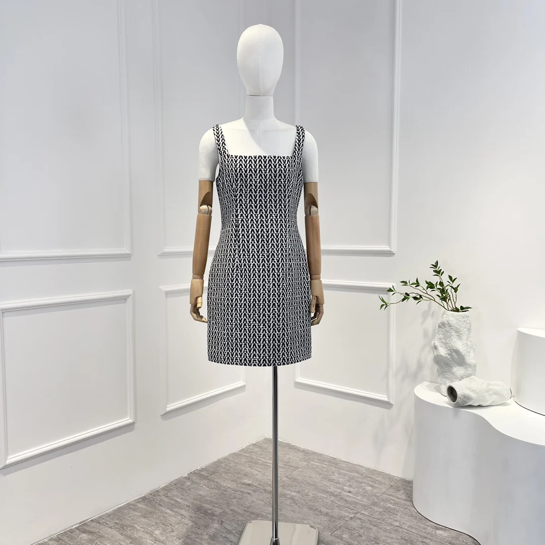 

2022 New Fall Elegant Ladies Top Quality Light Luxury Black V Letter Print Sleeveless Tank Mini Tweed Dress