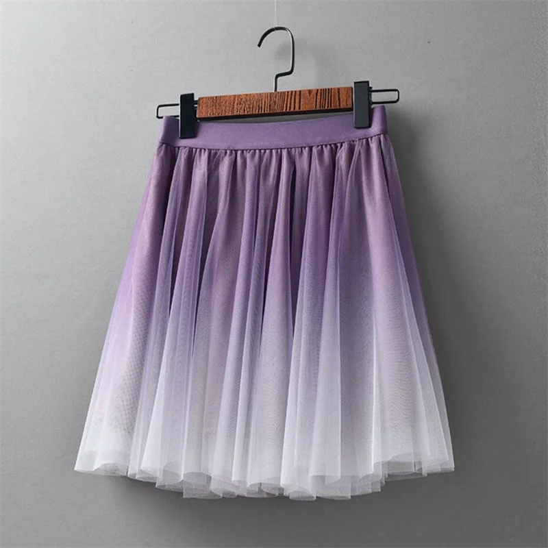 Spring Summer Womens Mesh Gradient Skirt Women's High Waist A-Line Puffy Skirt Female Large Swing Midi Skirt