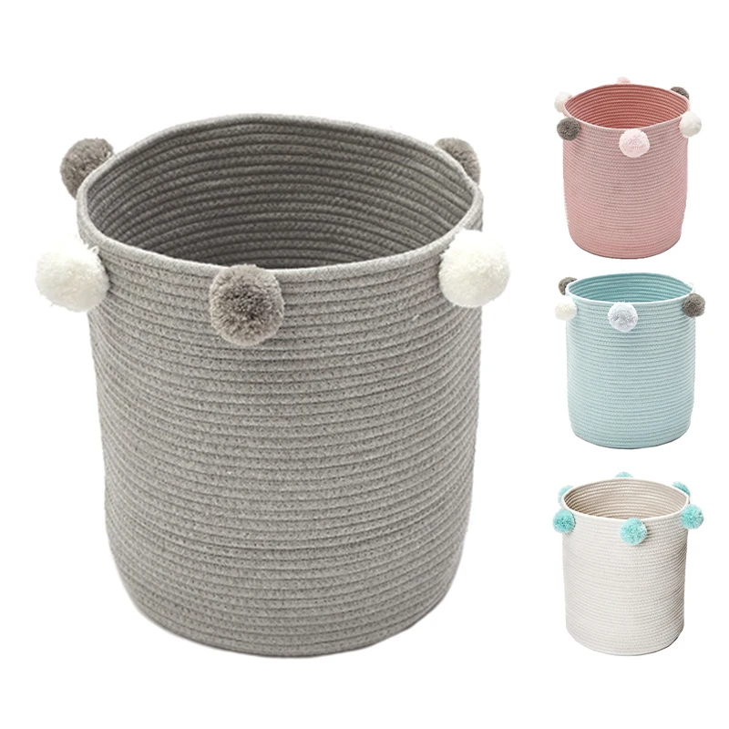 

Nordic Cotton Rope Woven Storage Baskets With Pompom Large Dirty Clothes Laundry Basket Kids Toy Storage
