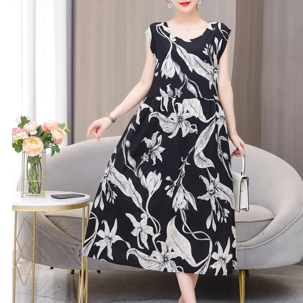 

New 2023 Casual Vintage Summer Dress for Women O-neck Sleeveless Solid Dresses Printing Ladies Dress Vestido Bohemio Mujer