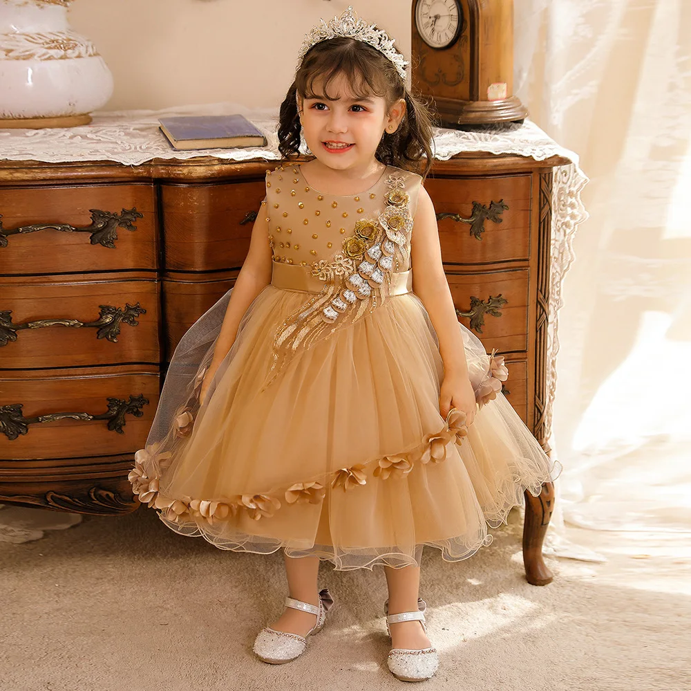 

Princess Dress Kids Girl Gold Pearls Short Flowers Dress Party Children Spring Summer Ball Gown Formal Gowns for 6M-4Y