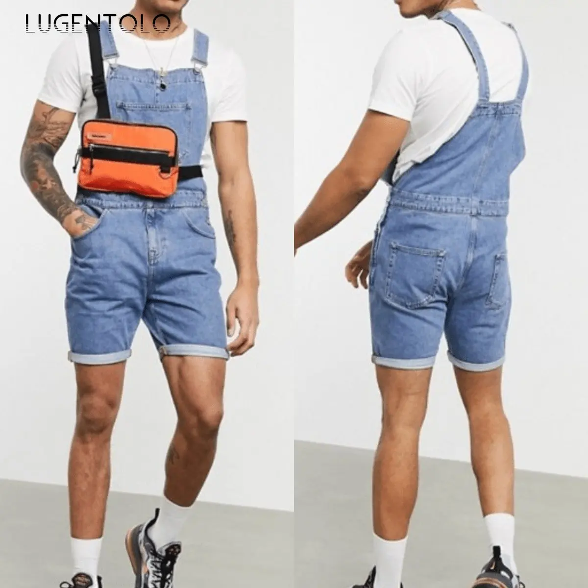 

Джинсовый комбинезон Lugentolo мужской, рваные короткие брюки из денима, прямой однотонный повседневный уличный стиль, лето