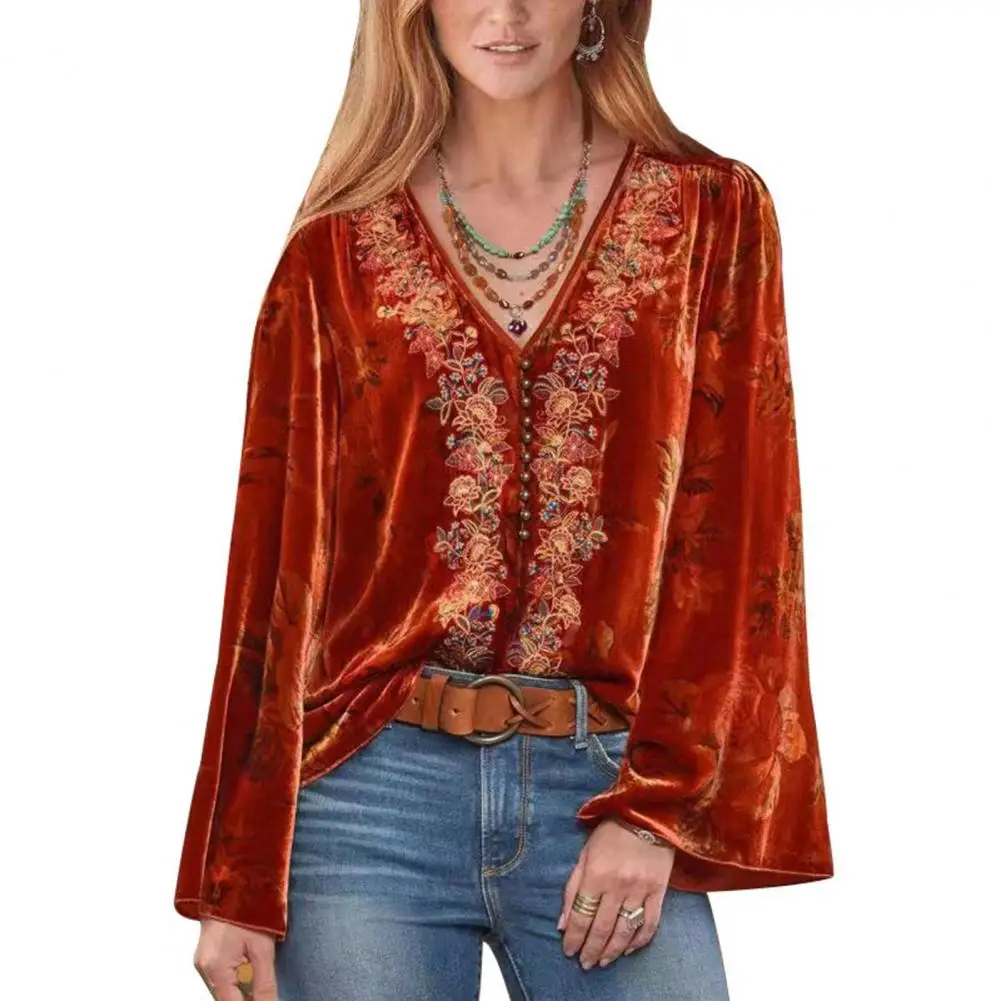 

Lady Long Sleeve Top Vintage Flower Embroidery Pullover Soft Casual Women's Blouse with V-neck Bead Decor V-neck Top