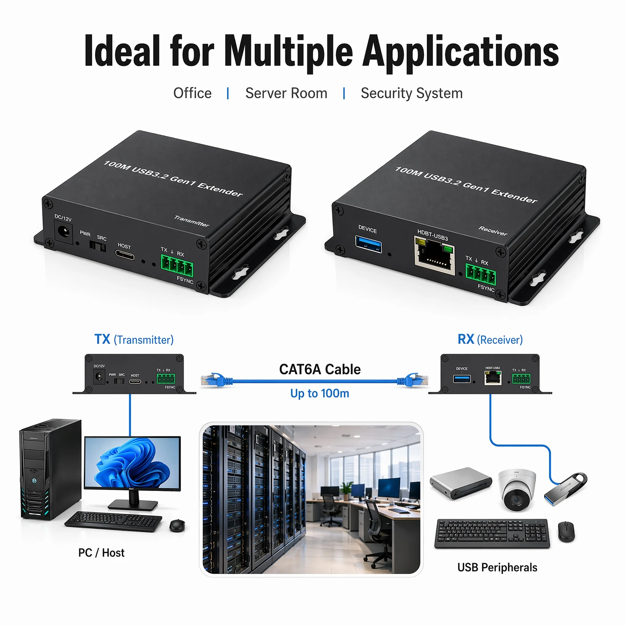 Фото Удлинитель USB 3.0 по Cat6a/Cat7 Ethernet, 3 порта, 100 м, 5 Гбит/с, высокоскоростной, USB 3.2, 330 футов, с FSYNC и последовательным портом RS232 №3