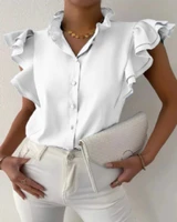 casual solid button blouse shirts fashion v neck tops 2022 summer ladies spring elegant v neck butterfly sleeve blusa streetwear