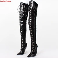 women over the knee boots new arrival patent leather cross strap pointed toe thin high heel fashion party plus size shoes