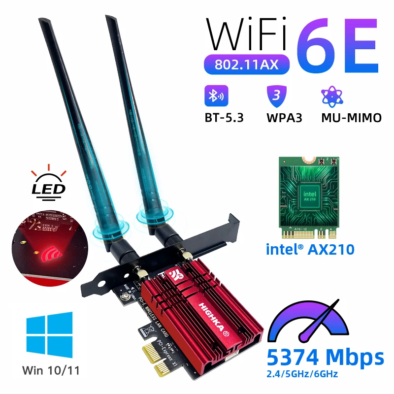5374Mbps Wi-Fi 6E PCIE Wireless WiFi Adapter Bluetooth 5.3 Tri-band 2.4G/5G/6Ghz PCI Express 802.11AX Intel AX210 WiFi Card PC