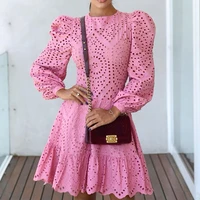 2021 elegant fashion hollow women vintage pure color pink long sleeve mini dress o neck high waist a line dress boho dress women