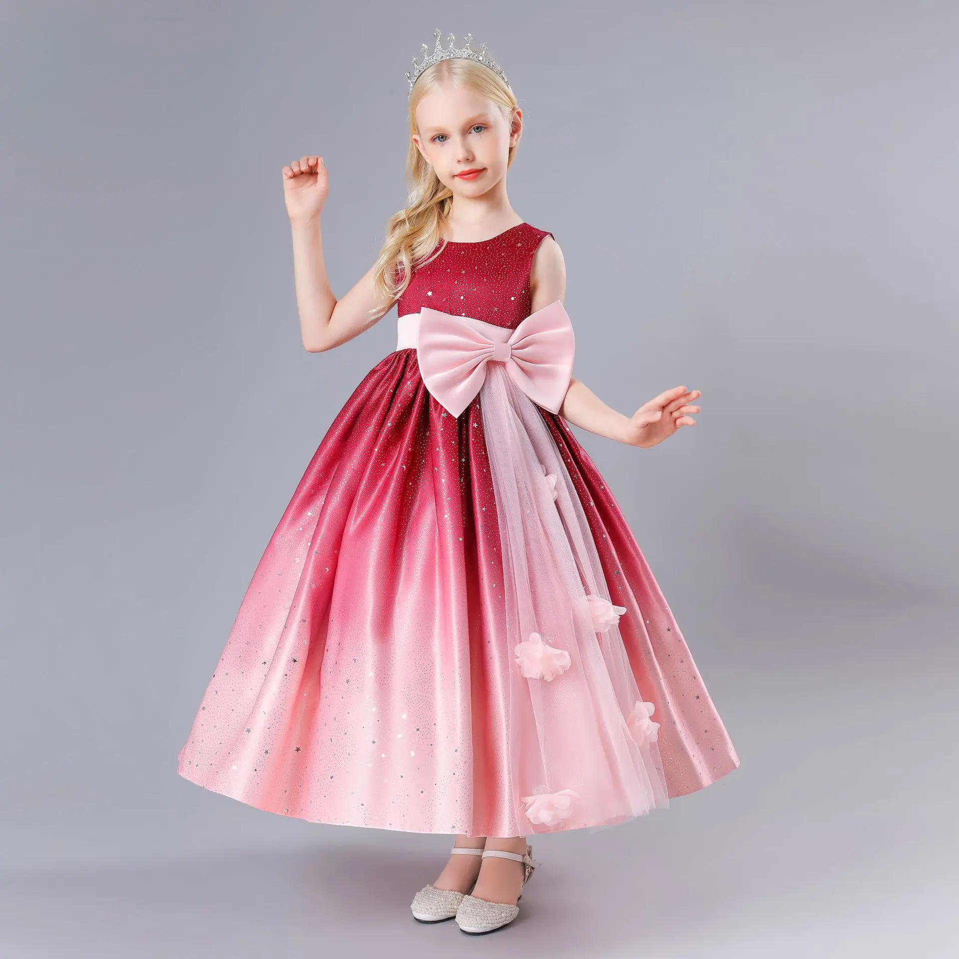 

2021 New Fashion Big Bow Flower Little Girls Banquet Party Long Dresses For Girls Princess Dress Christmas Evening Dresses 5-12Y