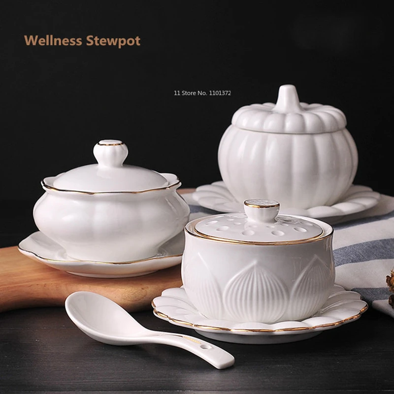 Casserole Waterproof Ceramic Bird's Nest Dessert Soup Pot with Lid Steamed Egg Cup Pure White Round Healthy Soup Pot Plate