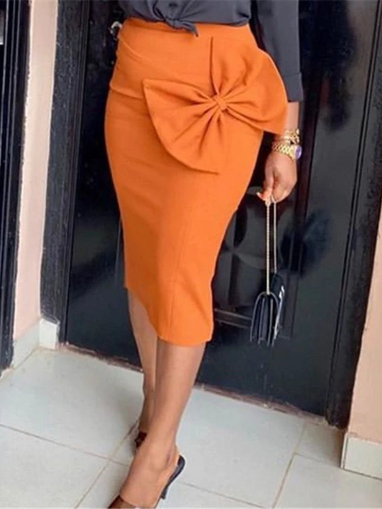 

Women Butterfly Bow High Waist Skirt Office Ladies Work Wear Stretch Bodycon Sheath Jupe Saias Orange Red 2023 Summer Big Size