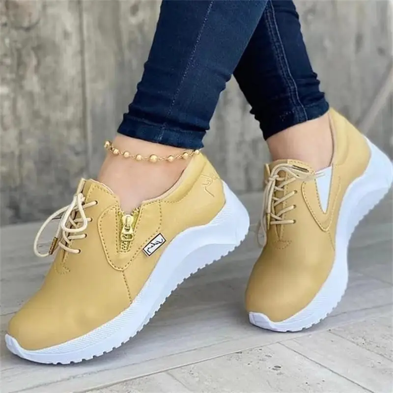 

New Women's Shoes Fashion Trend Personality Solid Color PU Round Toe Lace Side Zipper Thick Sole Comfortable Casual Shoes