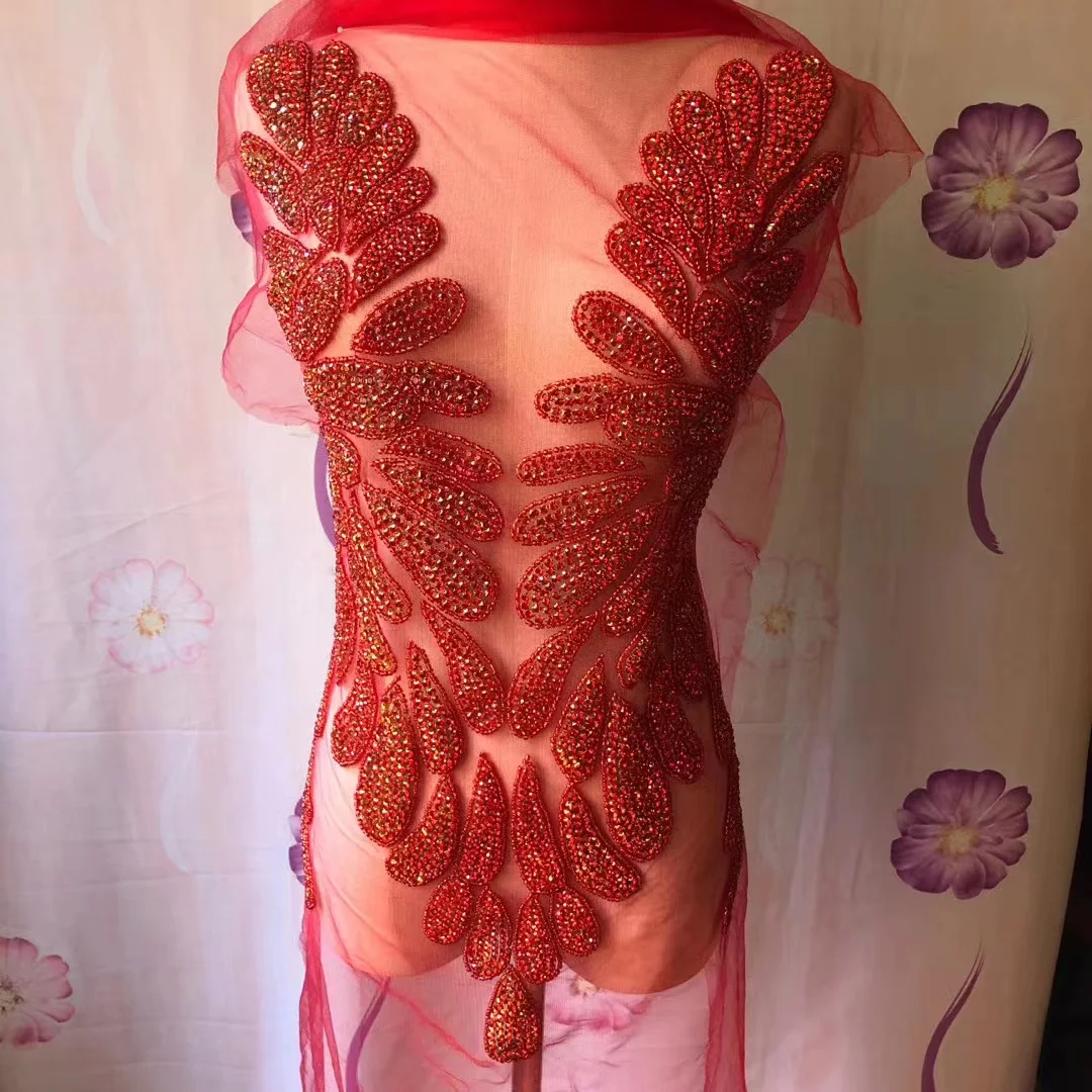 

Free Shipping Red Large Diamond Rhinestone Applique Heavy Bead Bodice Patch for Corset,Haute Couture,Ball Gown,Wedding Dress