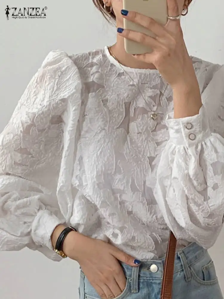 

Fashion OL Blouse Work Wears 2022 ZANZEA Women Romantic Dating Long Sleeve Floral Flocked O Neck Shirts Loose Solid Tops Summer