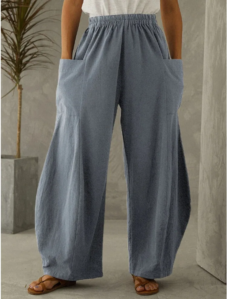 

2021 Women's Hot Style Solid Color Pocket Elastic Waist Casual Cotton and Linen Wide-leg Pants Loose Trousers S-5XL