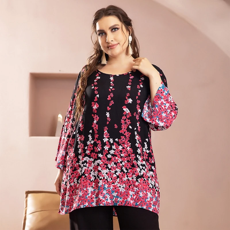 

Women Plus Size Women 3/4 Sleeve Shirts Ethnic Vintage Floral Print Tunic Blouse Flared Hem Middle East Casual Loose Top