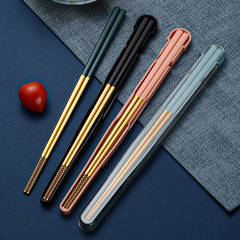 

1 Pair Chopstick 304 Stainless Steel Lunch Tableware Travel Portable Chopsticks With Box Holder Dinnerware Kitchen Accessories