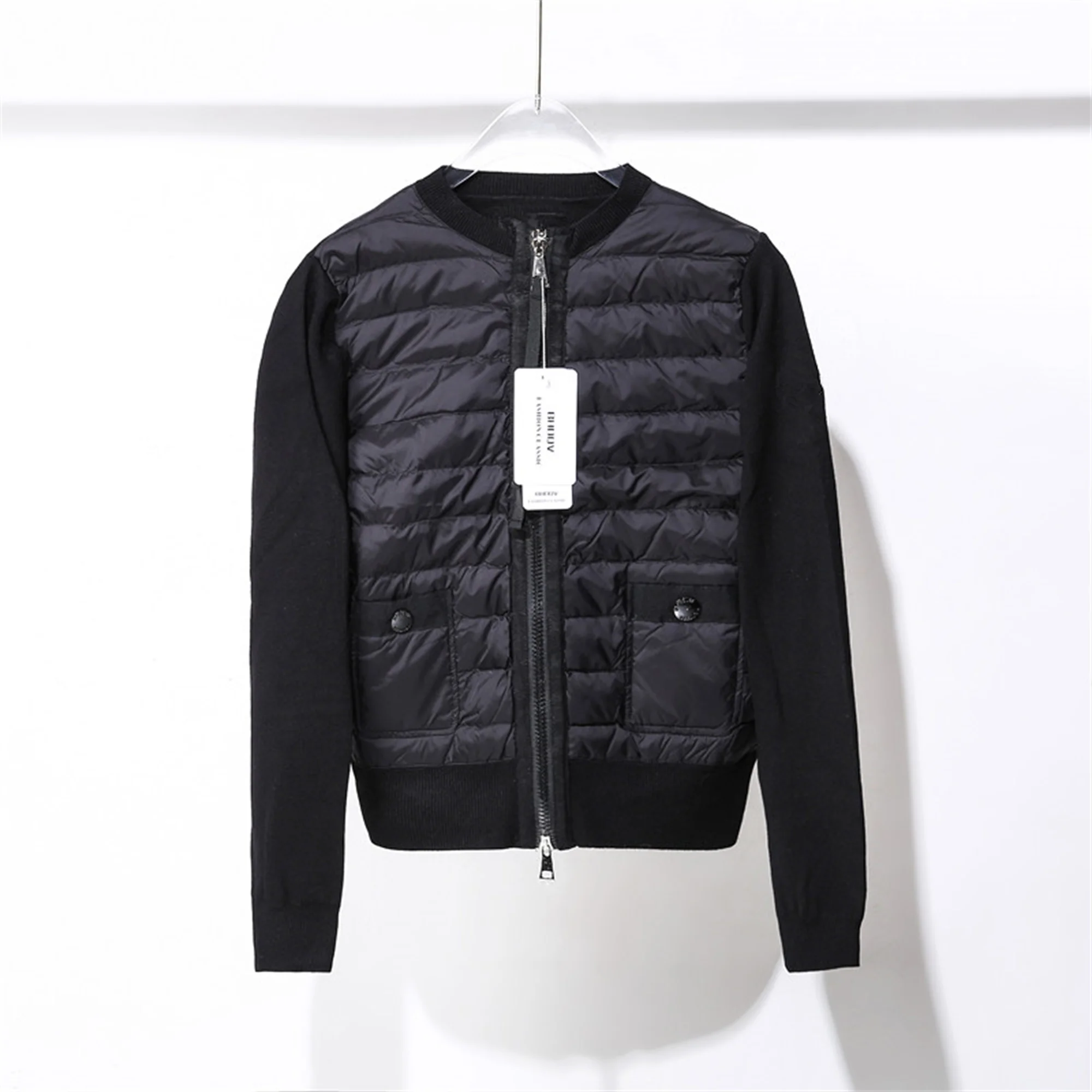 Winter Down Jacket Knitted Women's Round Neck Slim New Short Black and White Zipper Jacket Casual Autumn
