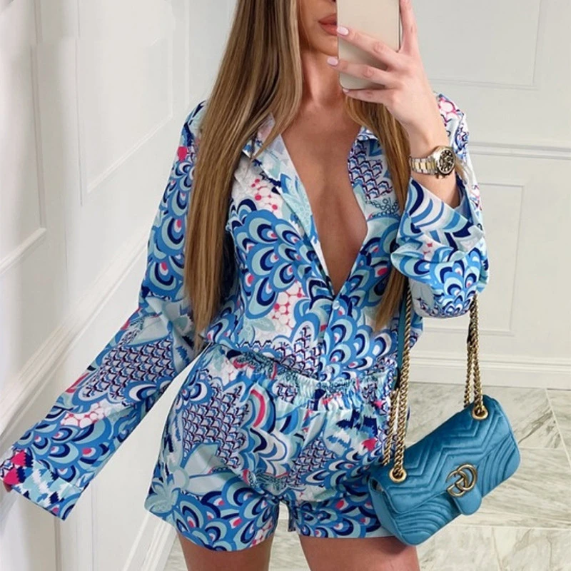 

2022 Beach Styles Satin Sets Women Fashion Scenery Pattern Button-down Shirts and Shorts 2021 New Summer Casual 2pcs Sets
