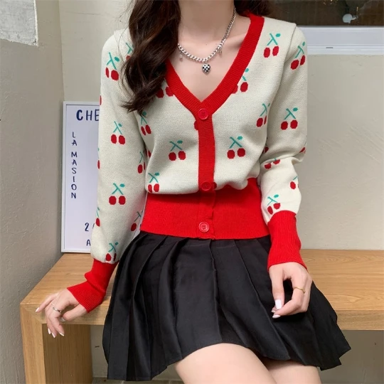 

Woman Lady Knit Fungus Cherry Cardigans Sweaters V-Neck Long Sleeve Tops Knitwear Women's Sweater Cardigan Coat Cloth Suéter