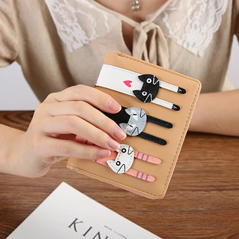 

New Women Wallets Zipper Hasp Pu Leather Coin Purses Female Cartoon Cat Multi-card Holder Solid Color Money Clip