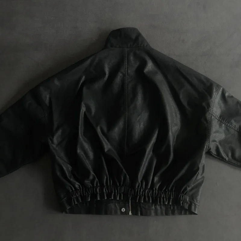 2023 autumn new version of stand-up collar large pocket leather jacket women's motorcycle short style washed leather jacket