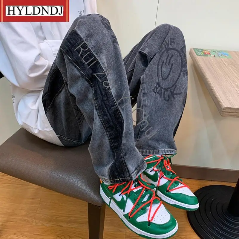 Men's Korean Version Loose and Fashionable Floor Long Pants 2023 New Personalized Printed Straight Fashion Brand Jeans