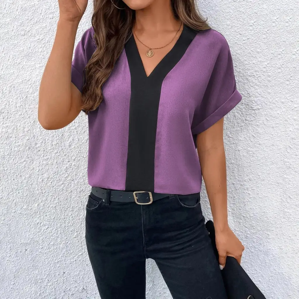 

Футболка женская с V-образным вырезом, Свободный Повседневный пуловер в полоску, в стиле пэчворк, одежда в стиле оверсайз, на лето