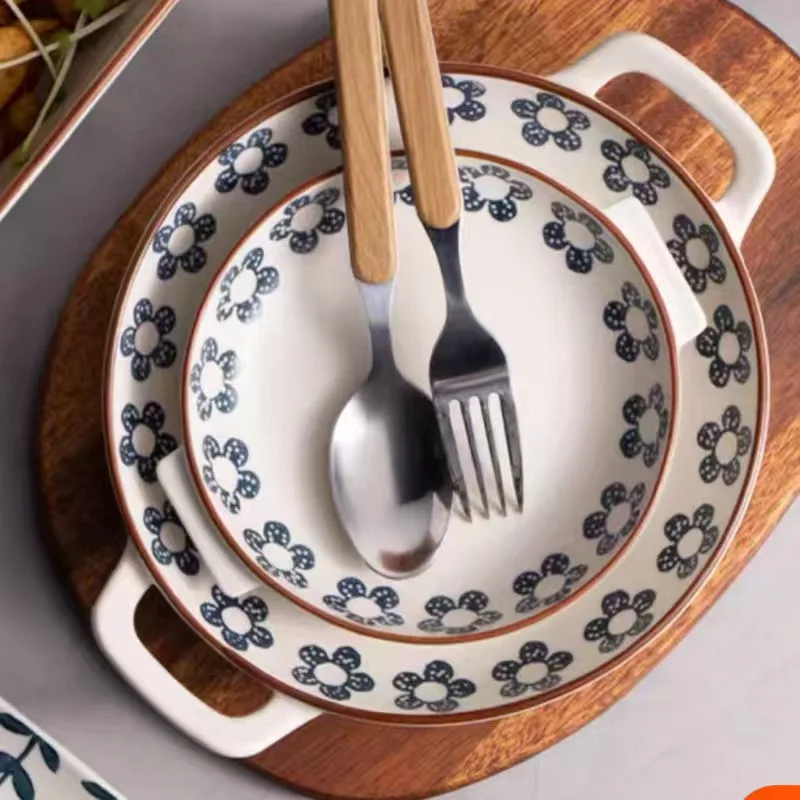 

Japanese Small Blue Flower Ear Plate Hand-Painted Ceramic Creative Anti Scalding Design Household Dinner Plates Tableware