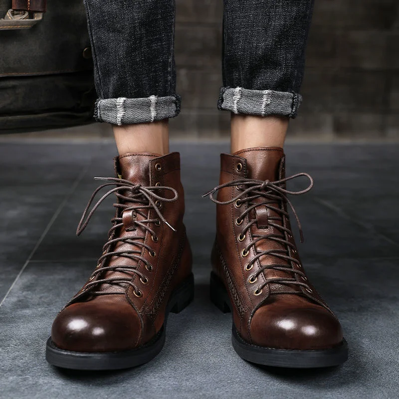 

Retro Men Boots Handmade Toe Polish Men Ankle Boots Casual Leather High-top Shoes Platform Motorcycle Booties New Bota Masculina