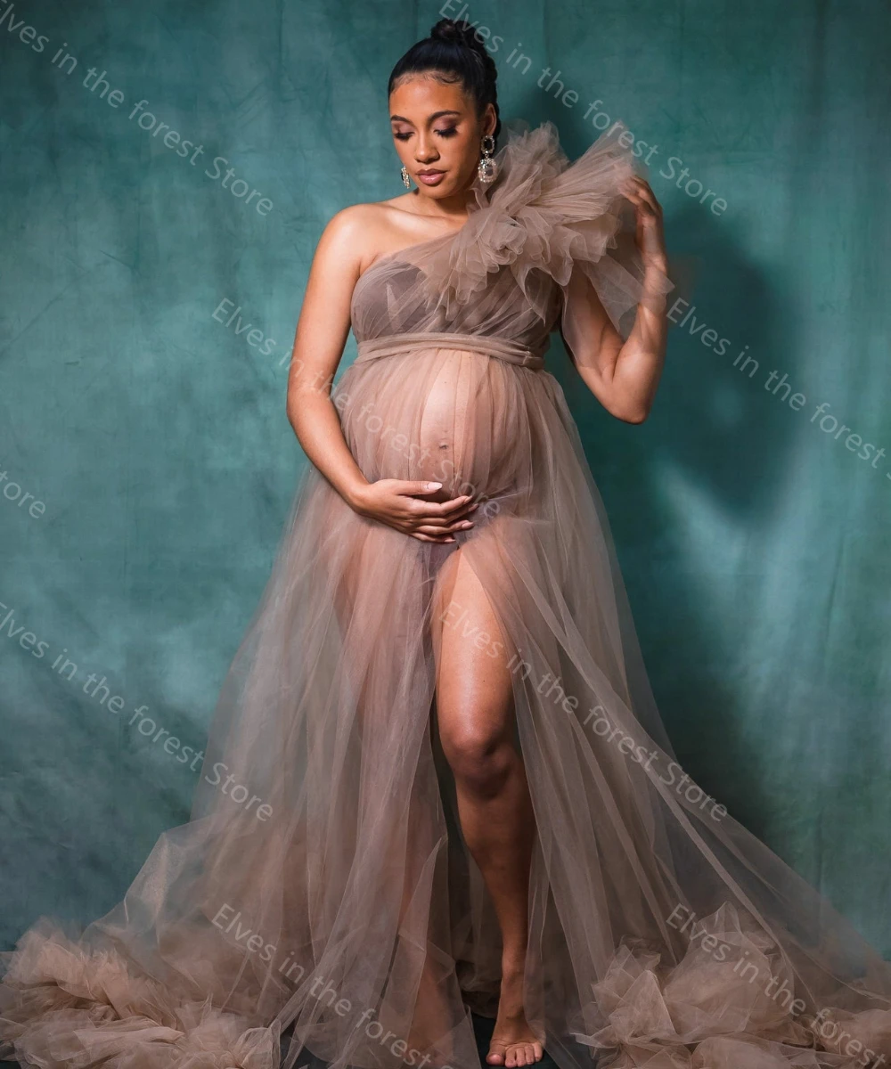 

One Shoulder Maternity Gowns for Photo Shoot Sexy Puffy Sleeveless Pregnant Dresses Illusion Custom Made Bathrobe Sleepwear