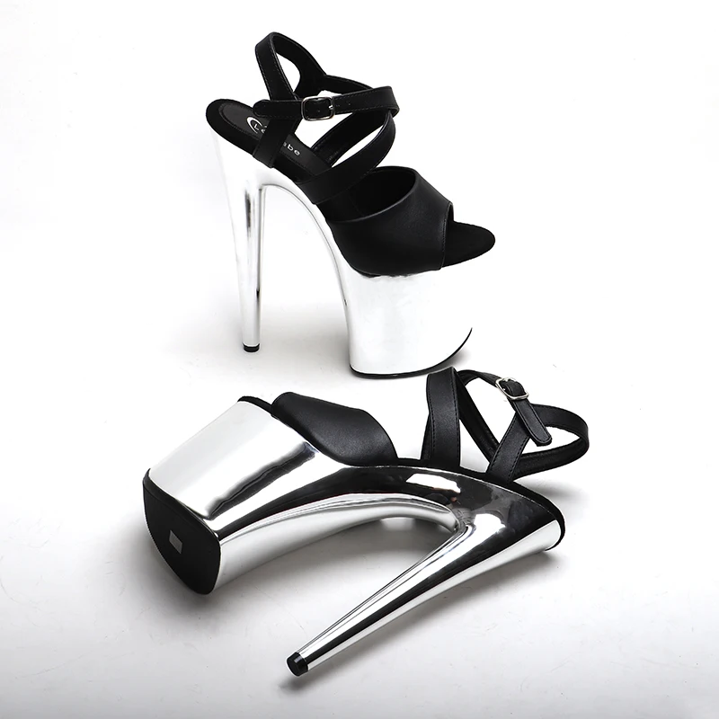 Leecabe 20CM/8inch   New designs Matte PU black withe silver Color platform   pole dance sandals
