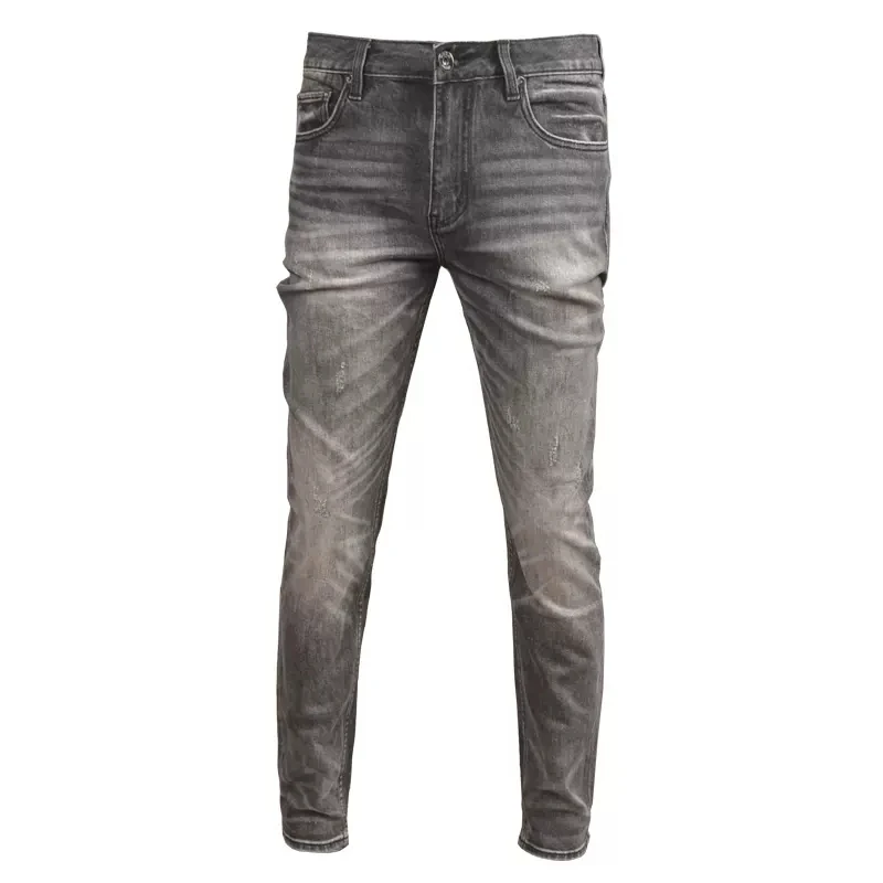 Autumn Men Dark Gray Jeans Streetwear Slim Fit Straight Pants Korean Style Fashion Scratched Denim Trousers CP2030