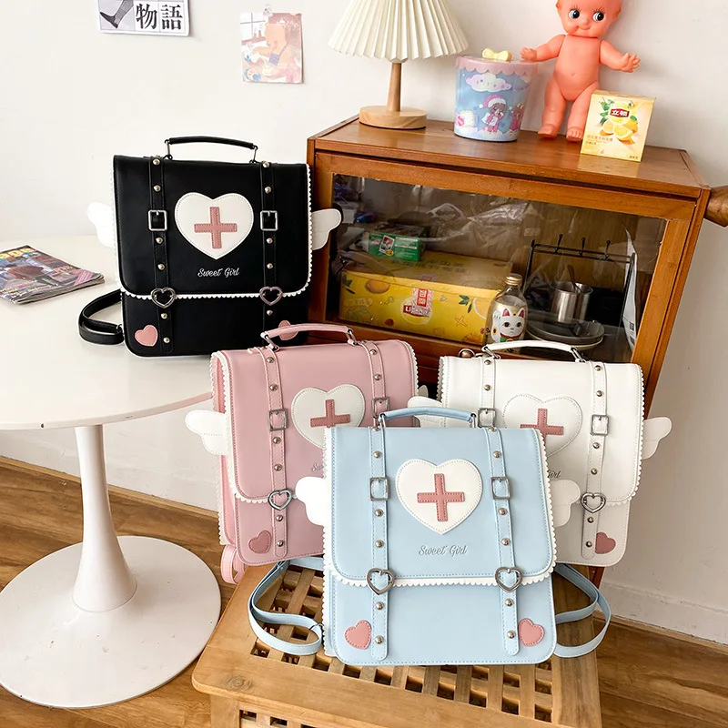 

Japanese College Rivet Pu Leather Cute Custom Sweet Angel Wing Pink Colorblock Heart Zipper Sling Backpack Schoolbag IB100